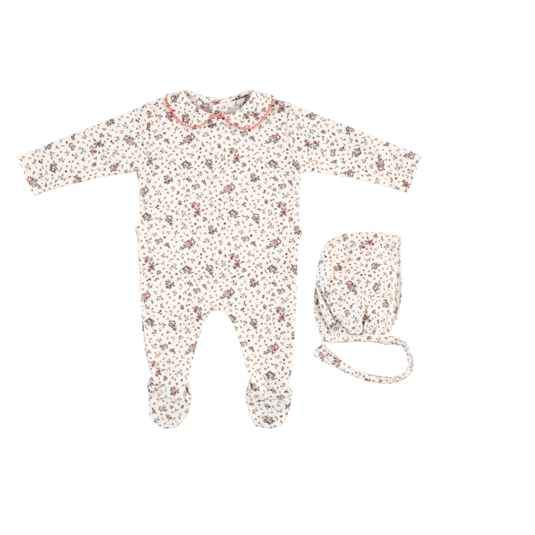 BEBE ORGANIC WHITE FLORAL BUNCH COLLAR FOOTIE SET