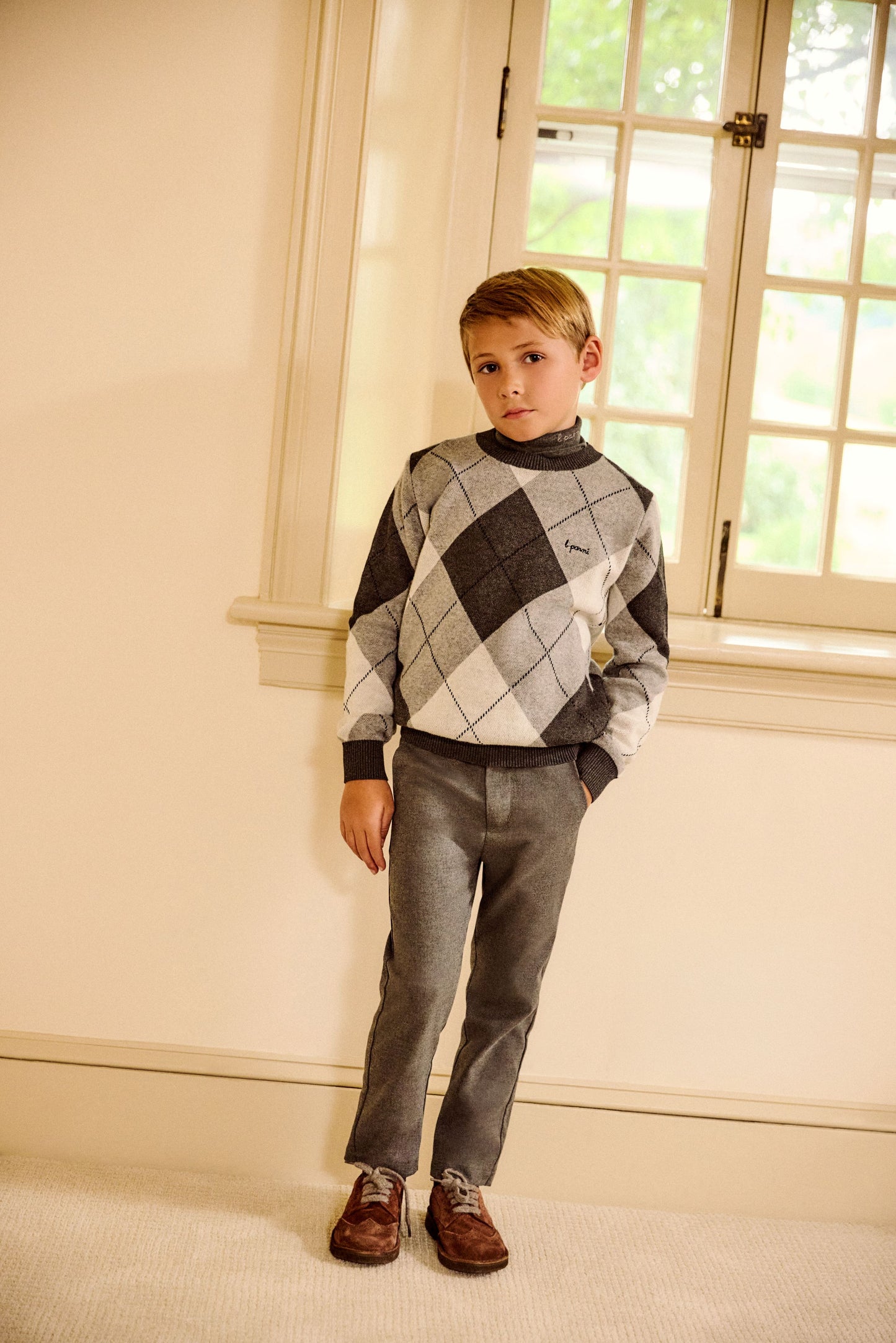 LITTLE PARNI GREY ARGYLE SWEATER