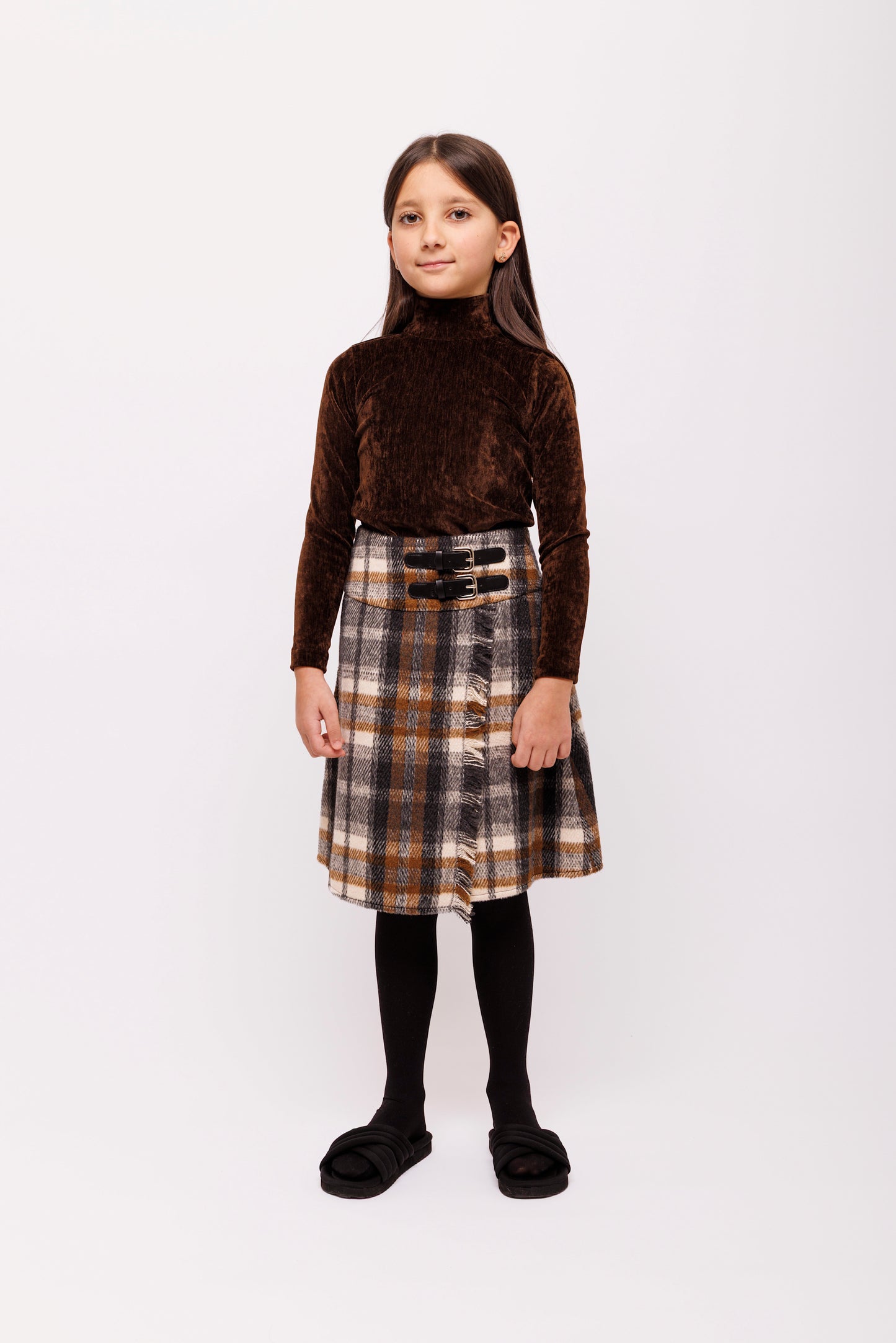 OLIVIA ROHDE GREY PLAID DOUBLE BUCKLE WOOL SKIRT