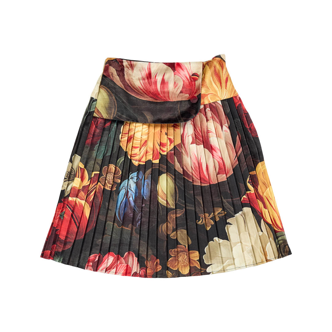 CHRISTINA ROHDE BLACK/ORANGE FLORAL PLEATED SKIRT