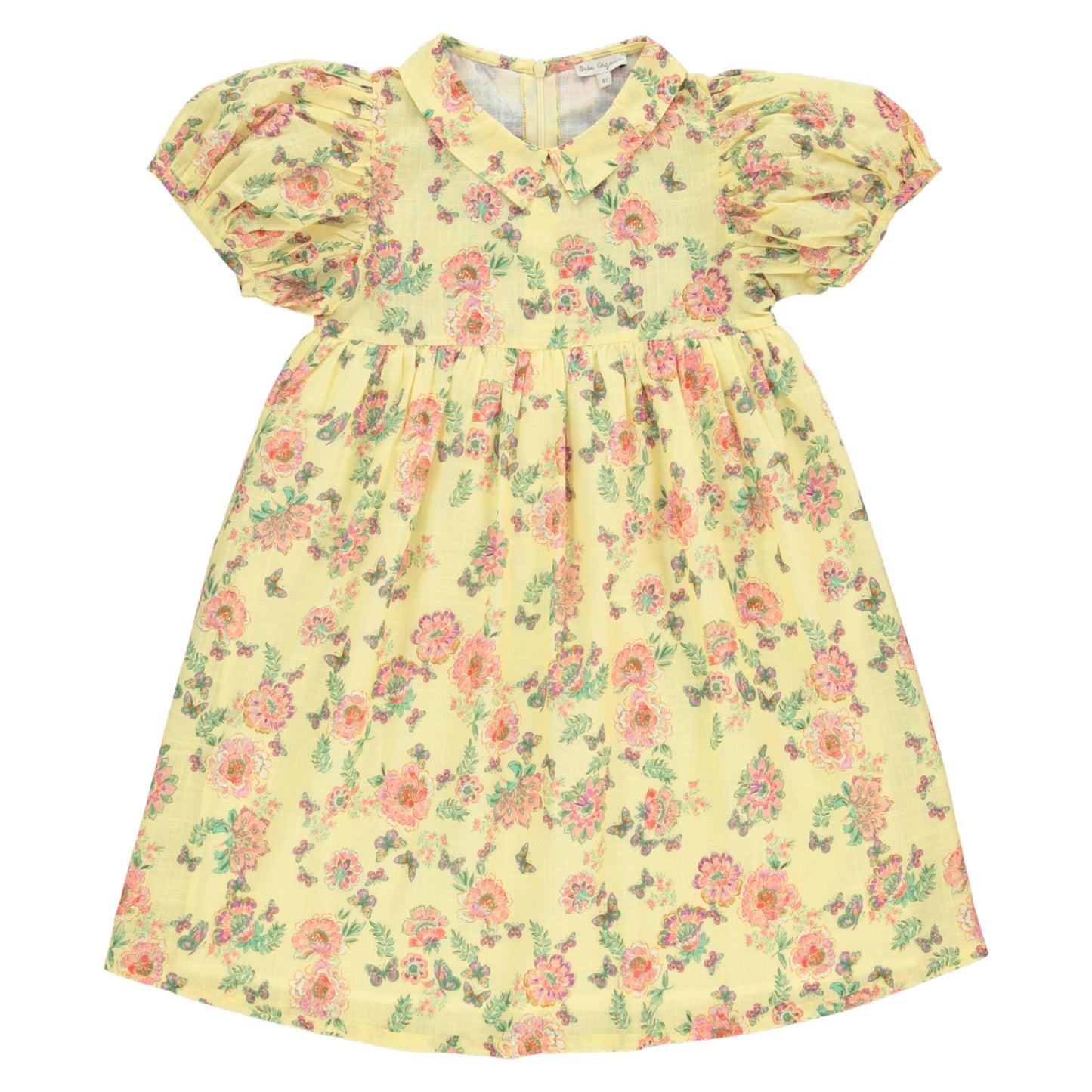 BEBE ORGANIC YELLOW/PINK FLORAL PUFF SLEEVE DRESS