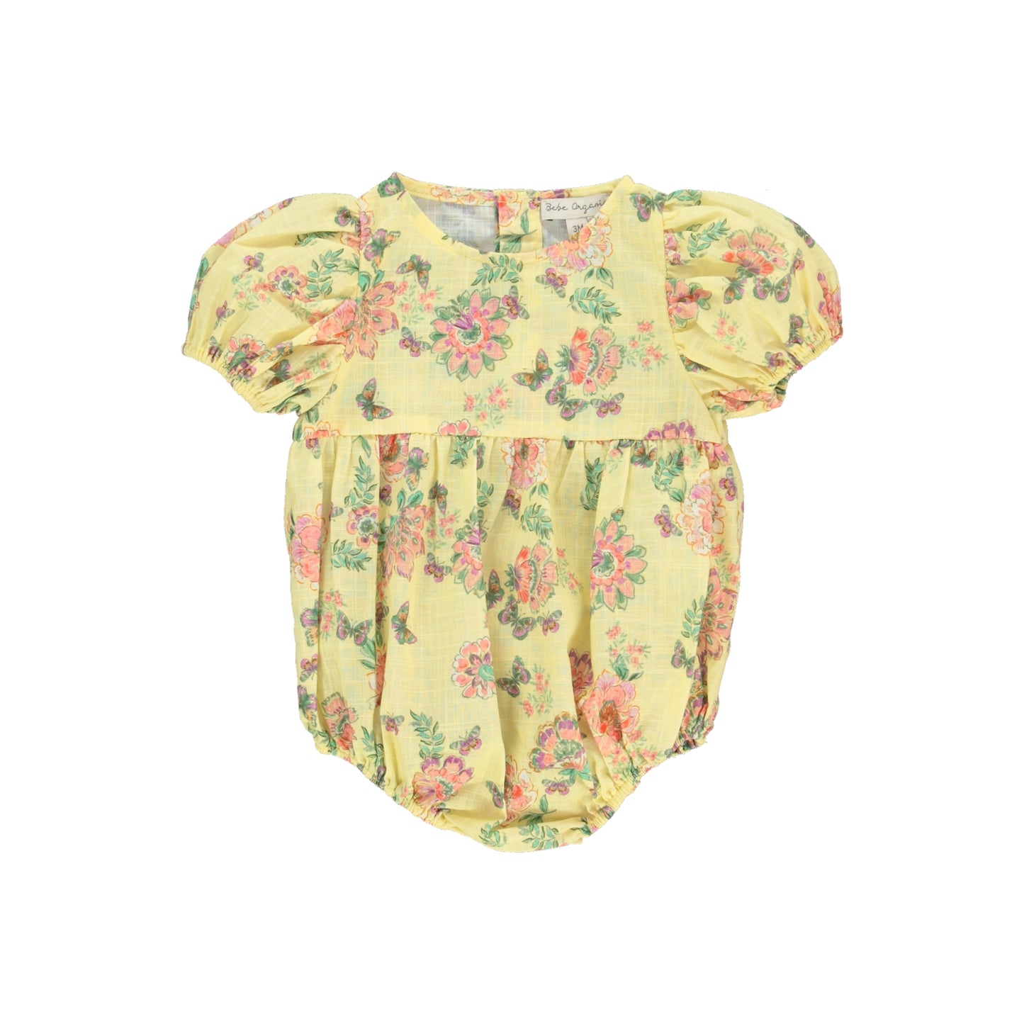 BEBE ORGANIC YELLOW/PINK FLORAL PUFF SLEEVE ROMPER