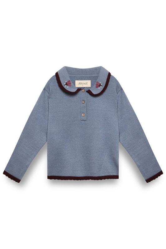 BIRINIT PETIT DUSTY BLUE/NAVY TRIM PETER PAN COLLAR KNIT SWEATER