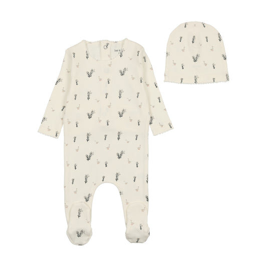 BEE & DEE IVORY/GREY SWAN PRINTED FOOTIE+ BEANIE