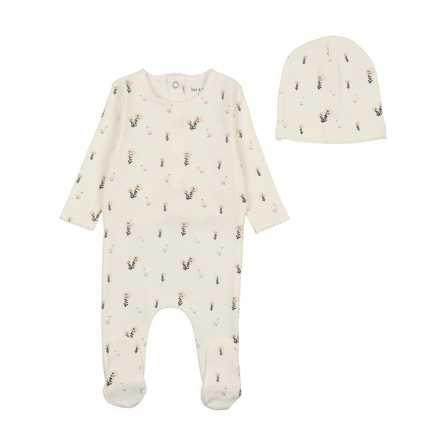 BEE & DEE IVORY/PINK SWAN PRINTED FOOTIE+ BEANIE