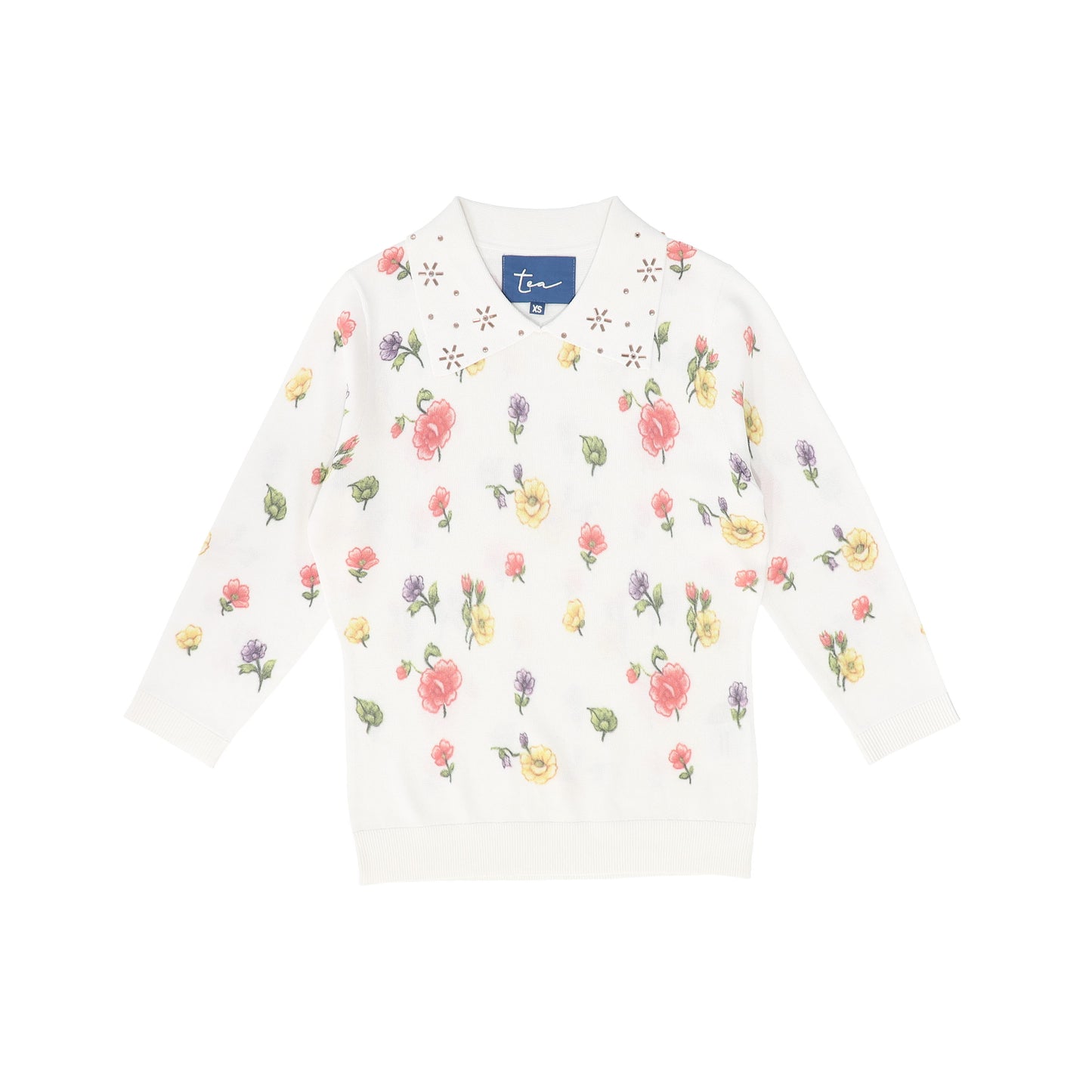 TEA WHITE FLORAL SILK KNIT COLLAR SWEATER [FINAL SALE]
