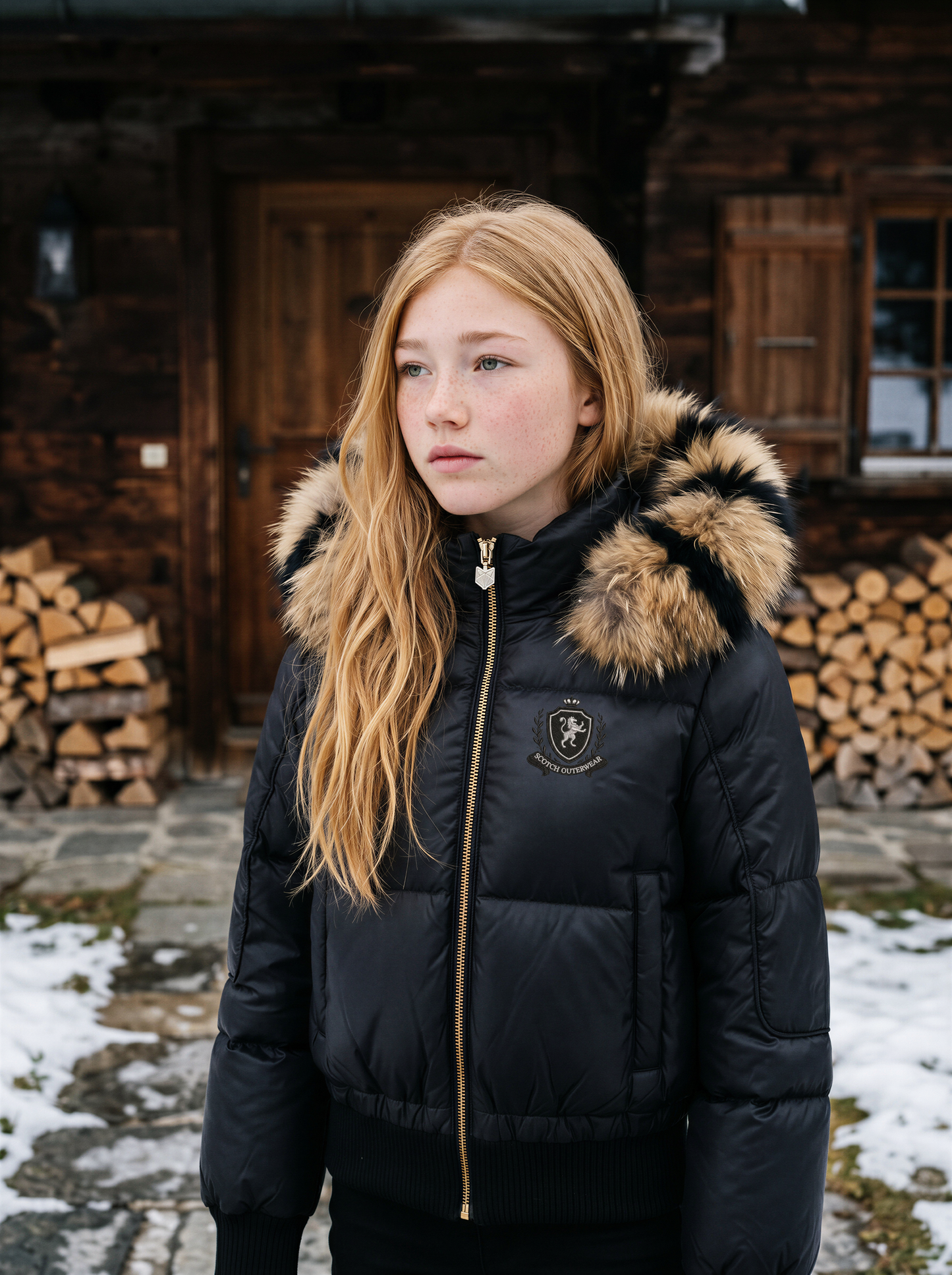 SCOTCH BONNET BLACK/NATURAL STRIPED FUR TRIM PUFFER COAT