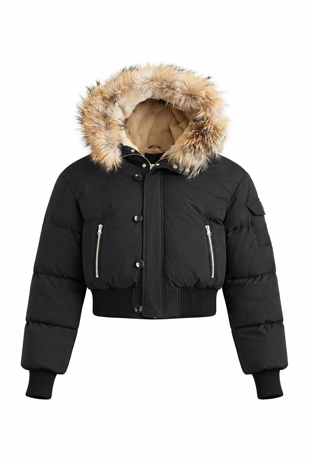 SCOTCH BONNET BLACK/NATURAL FUR TRIM CROPPED PUFFER COAT