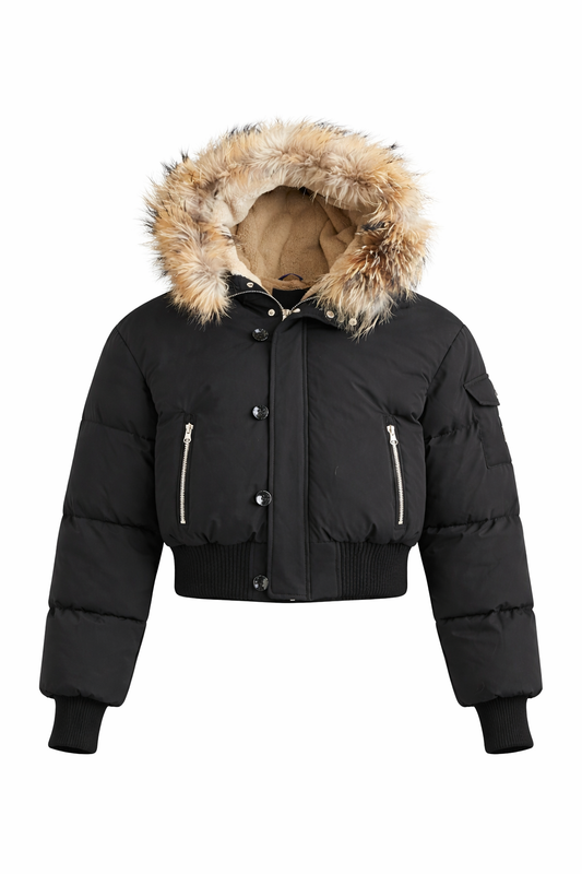 SCOTCH BONNET BLACK/NATURAL FUR TRIM CROPPED PUFFER COAT