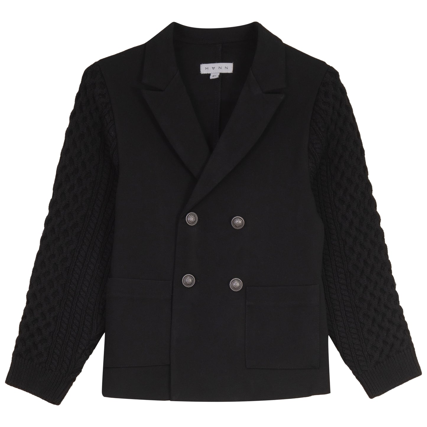 MANN BLACK DOUBLE BREASTED CABLE KNIT BLAZER