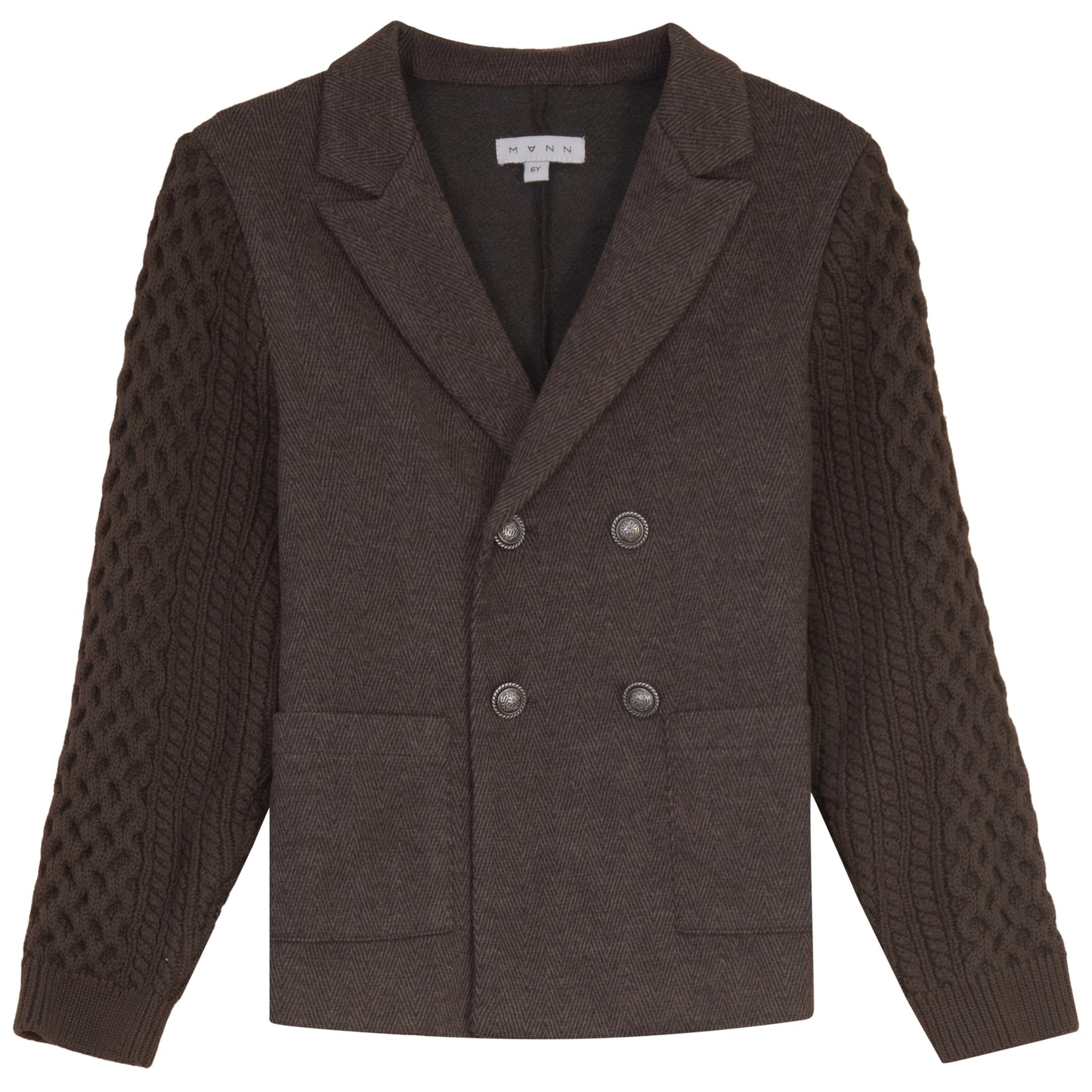 MANN BROWN DOUBLE BREASTED CABLE KNIT BLAZER