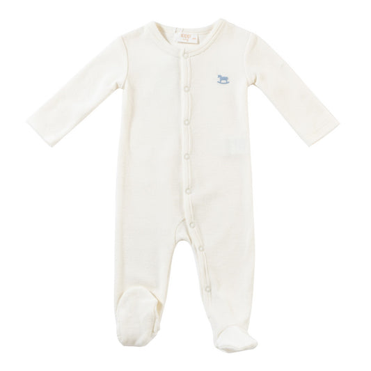 KIPP WHITE/BLUE ROCKING HORSE TERRY FOOTIE + BEANIE SET