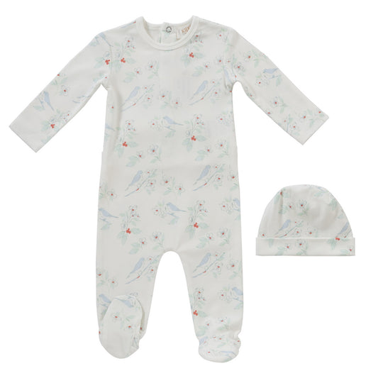 KIPP WHITE/BLUE BIRD PRINT FOOTIE SET