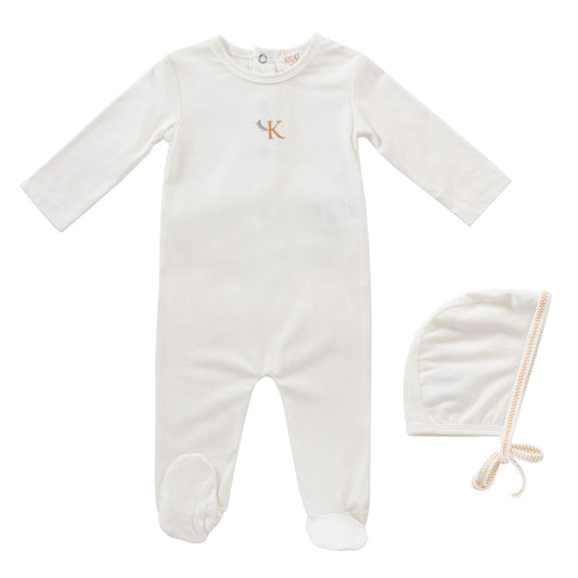 KIPP WHITE/GOLD STITCHED FOOTIE SET