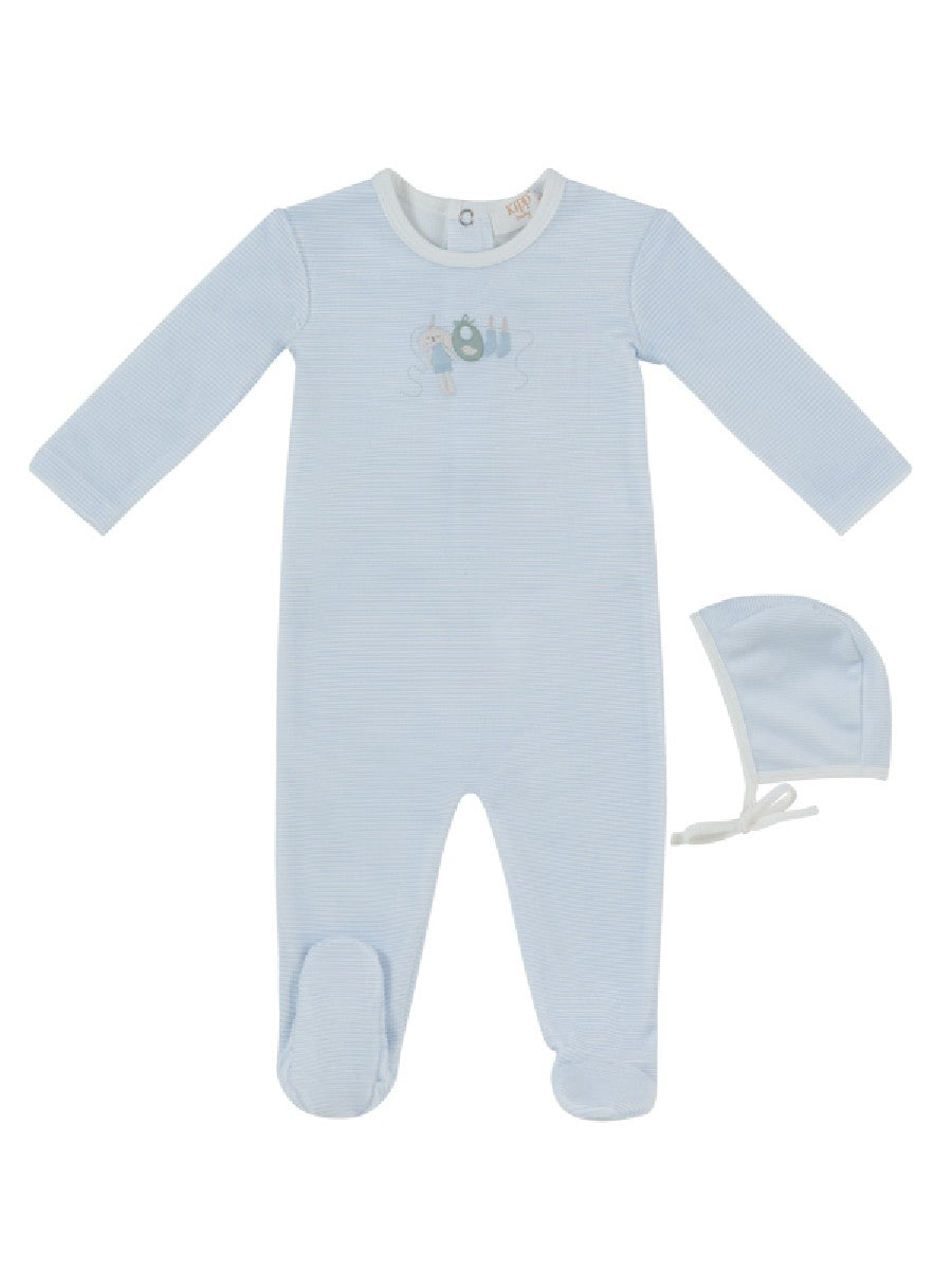 KIPP PALE BLUE STRIPED BUNNY PRINT FOOTIE + BONNET