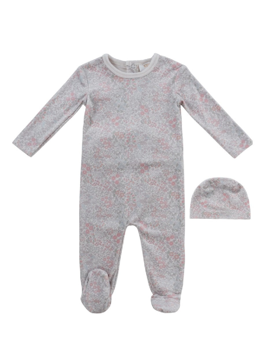KIPP GREY/PINK PETAL PRINT FOOTIE + BEANIE