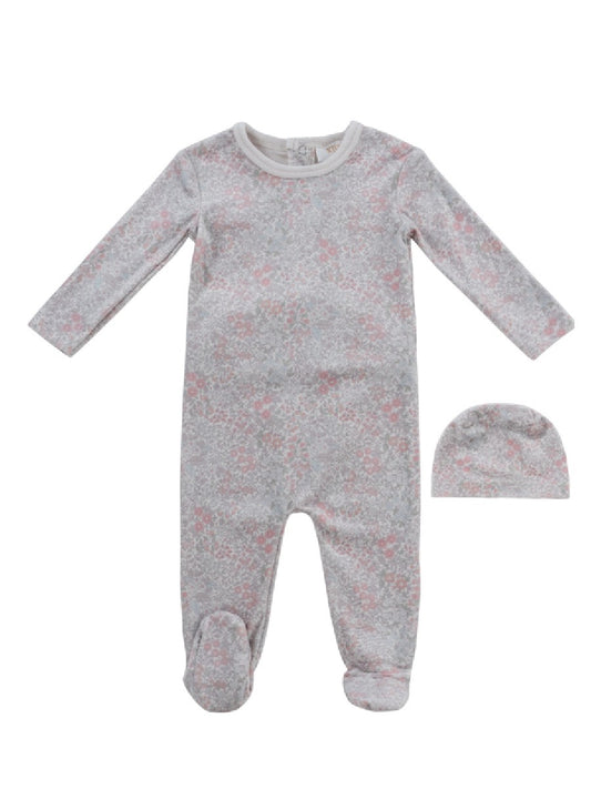 KIPP GREY/PINK PETAL PRINT FOOTIE + BEANIE
