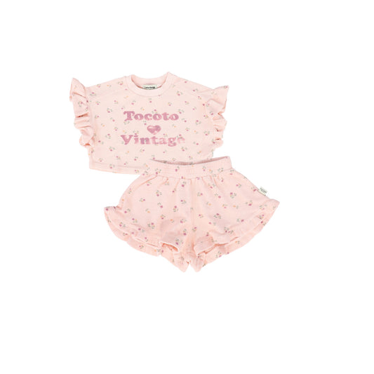 TOCOTO VINTAGE PINK TERRY FLORAL SHORTS SET