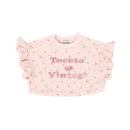 TOCOTO VINTAGE PINK TERRY FLORAL RUFFLE TOP