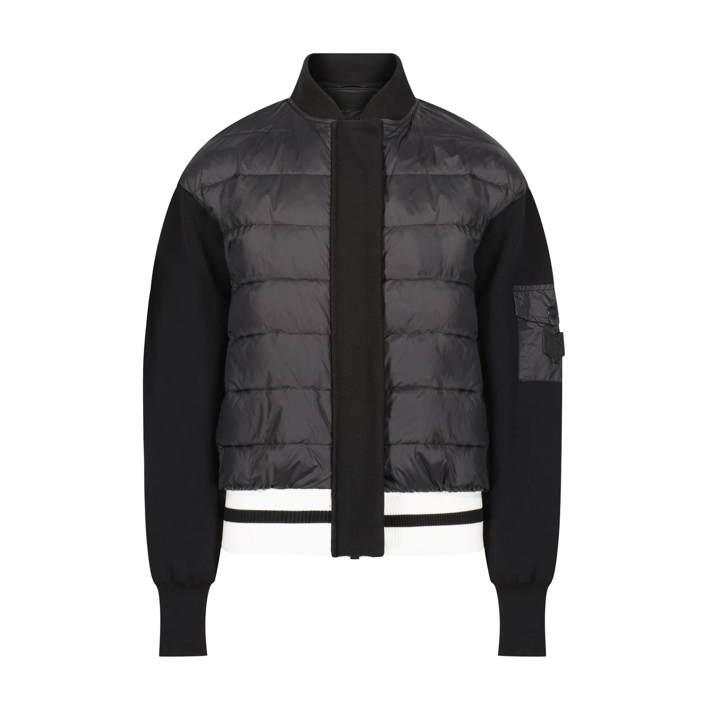 SCOTCH BONNET BLACK PUFFER/KNIT SLEEVE BOMBER JACKET