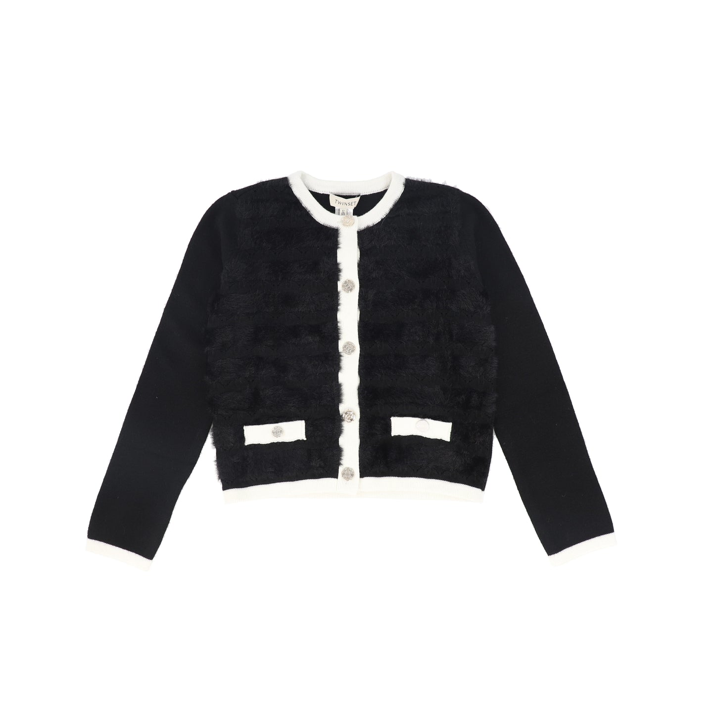 TWINSET SNOW WHITE/BLACK TRIM TEXTURED KNIT CARDIGAN