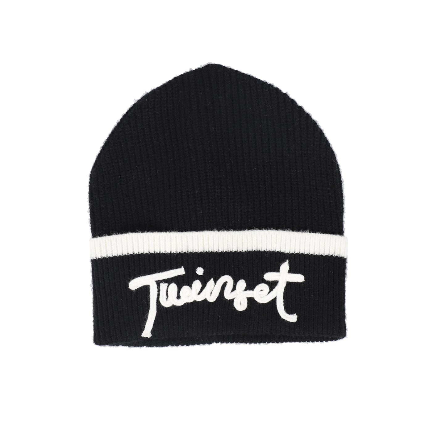 TWINSET BLACK/WHITE TRIM RIBBED KNIT LOGO BEANIE