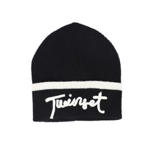 TWINSET BLACK/WHITE TRIM RIBBED KNIT LOGO BEANIE