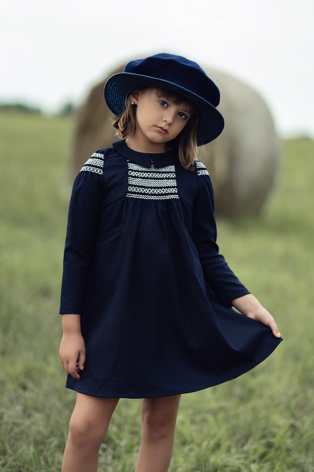 Bamboo Navy Smocked Swing Collar Dress