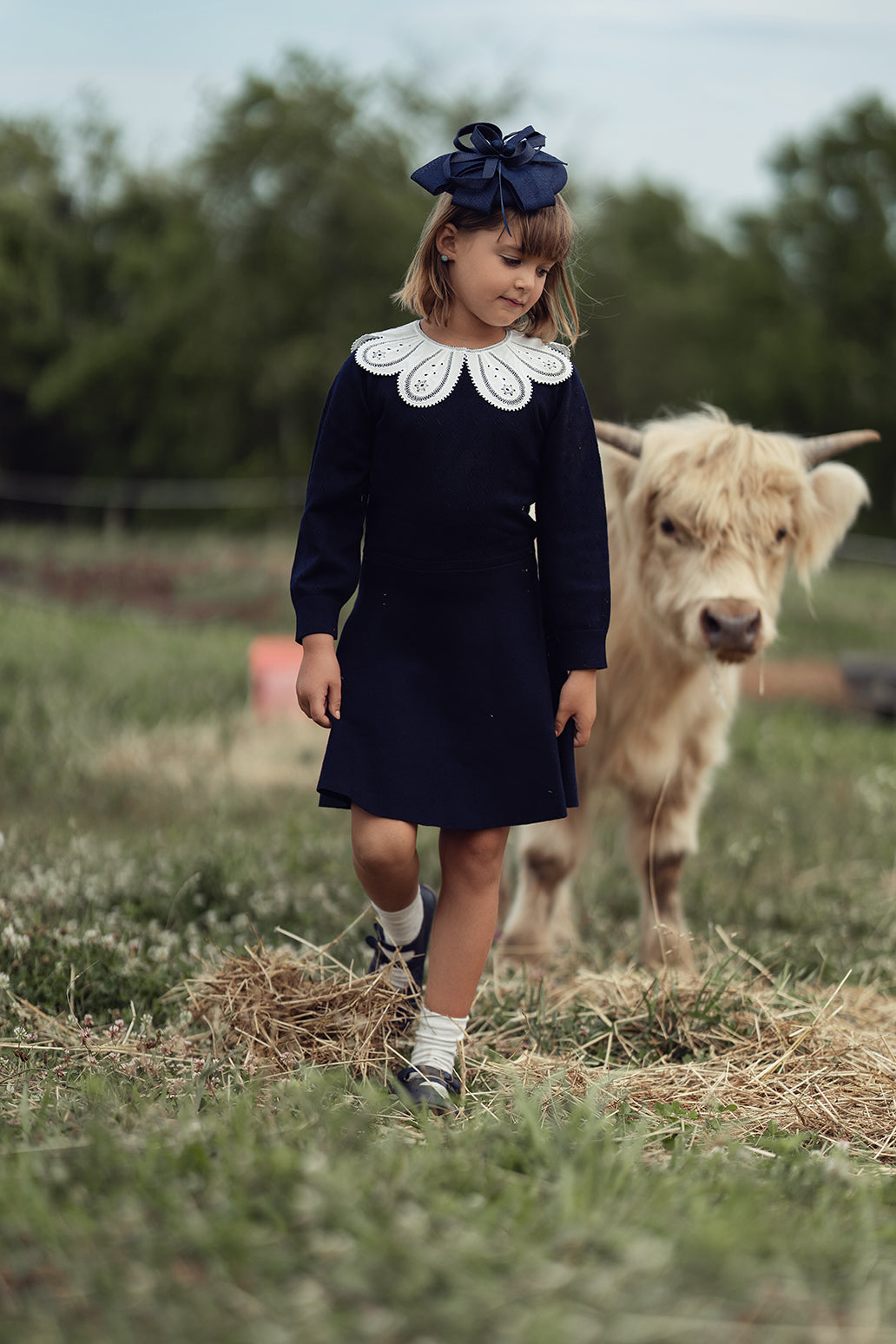 Bamboo Navy Textured Knit Detail Collar Sweater