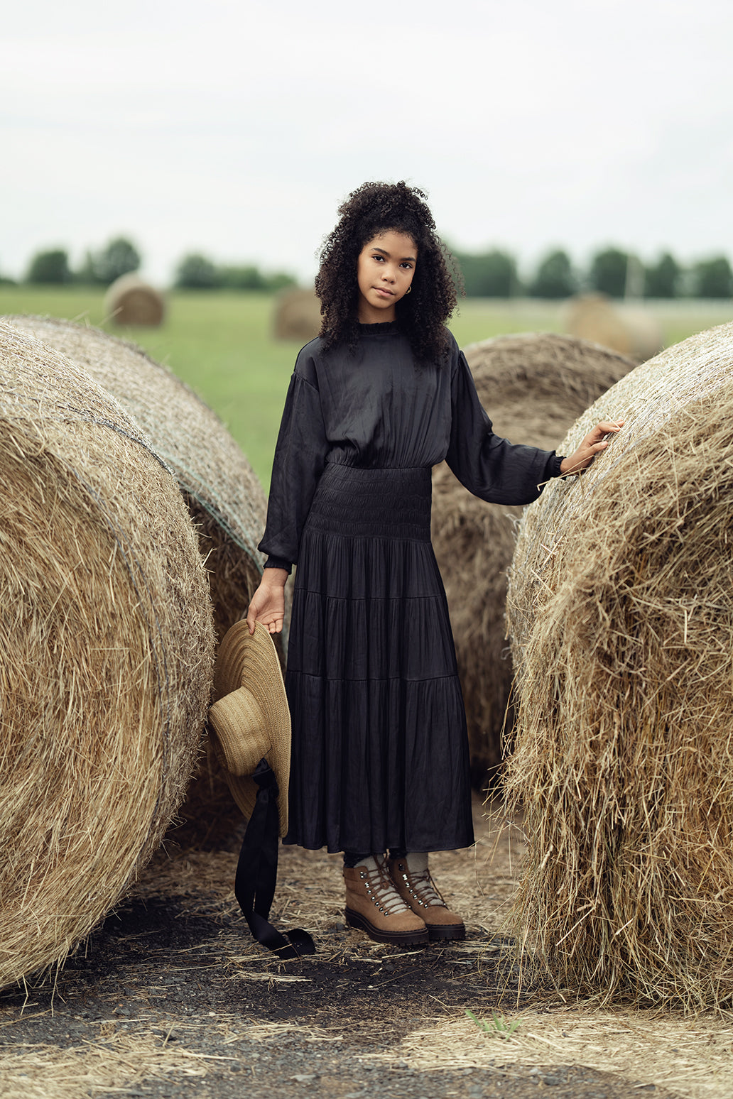 Bamboo Black Silk Smock Waisted Puff Sleeve Dress [FINAL SALE]