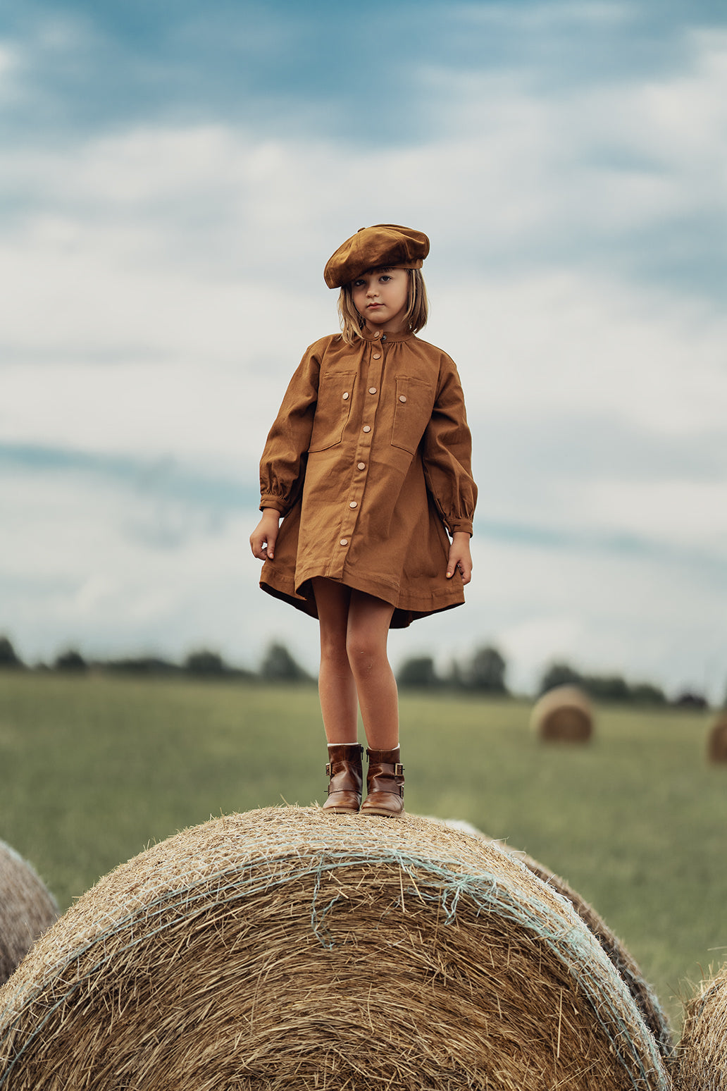 Bamboo Camel Denim Bubble Sleeve Button Dress