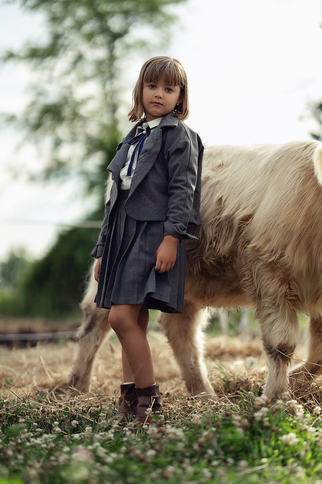 Bamboo Heather Gray Wool Pleated Skirt And Jacket Set [FINAL SALE]