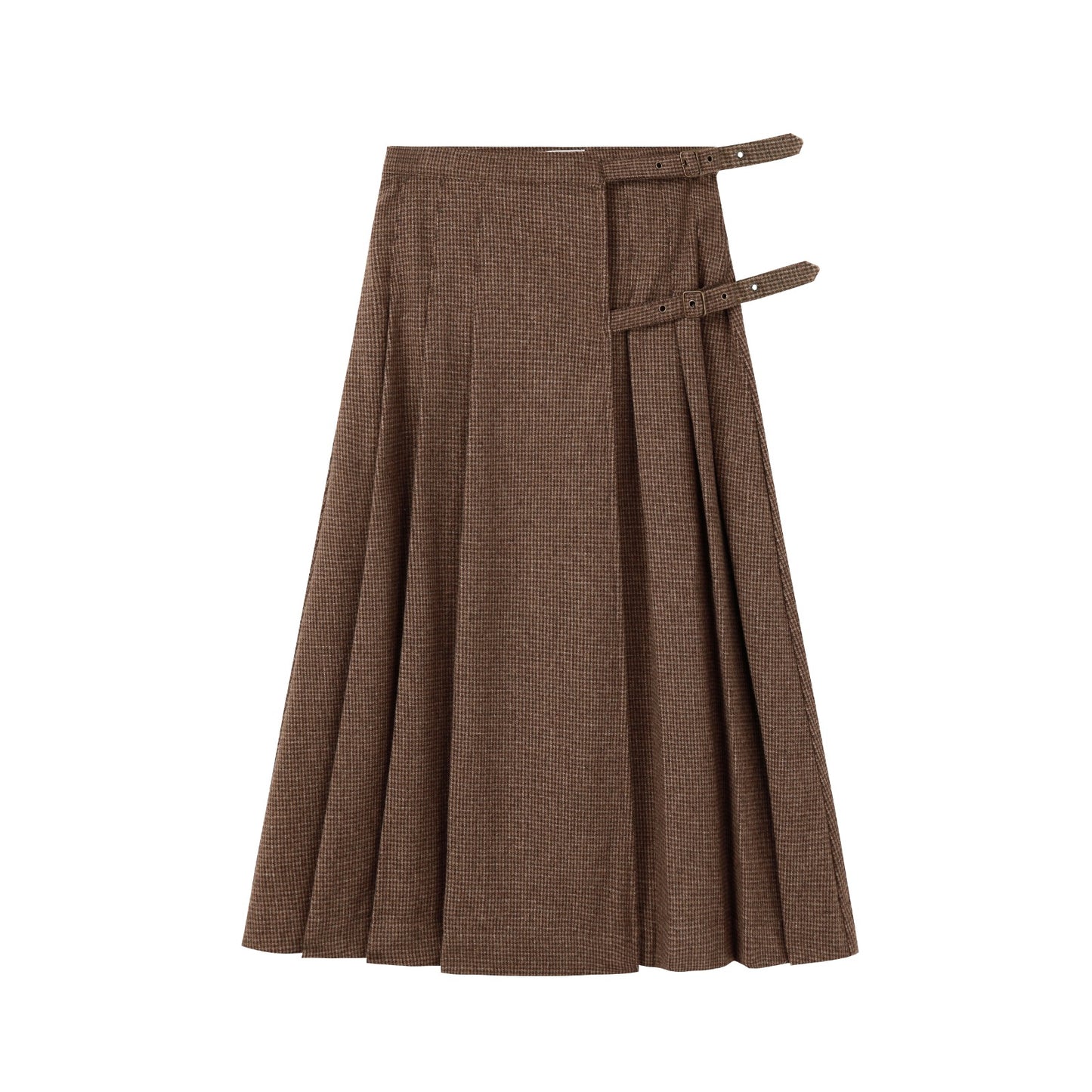NOUNELLE BROWN PLAID PLEATED BUCKLE SKIRT