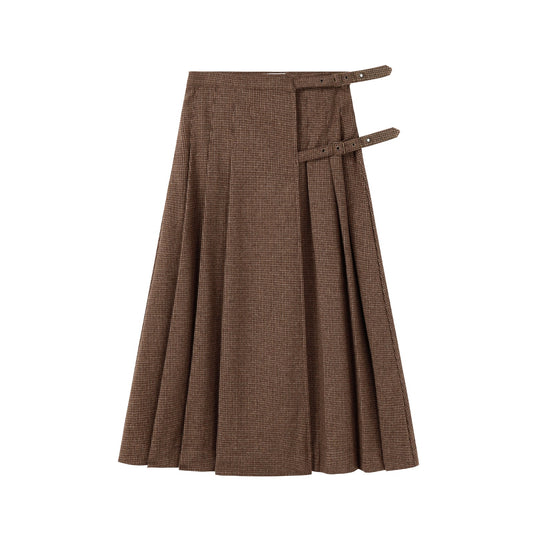 NOUNELLE BROWN PLAID PLEATED BUCKLE SKIRT