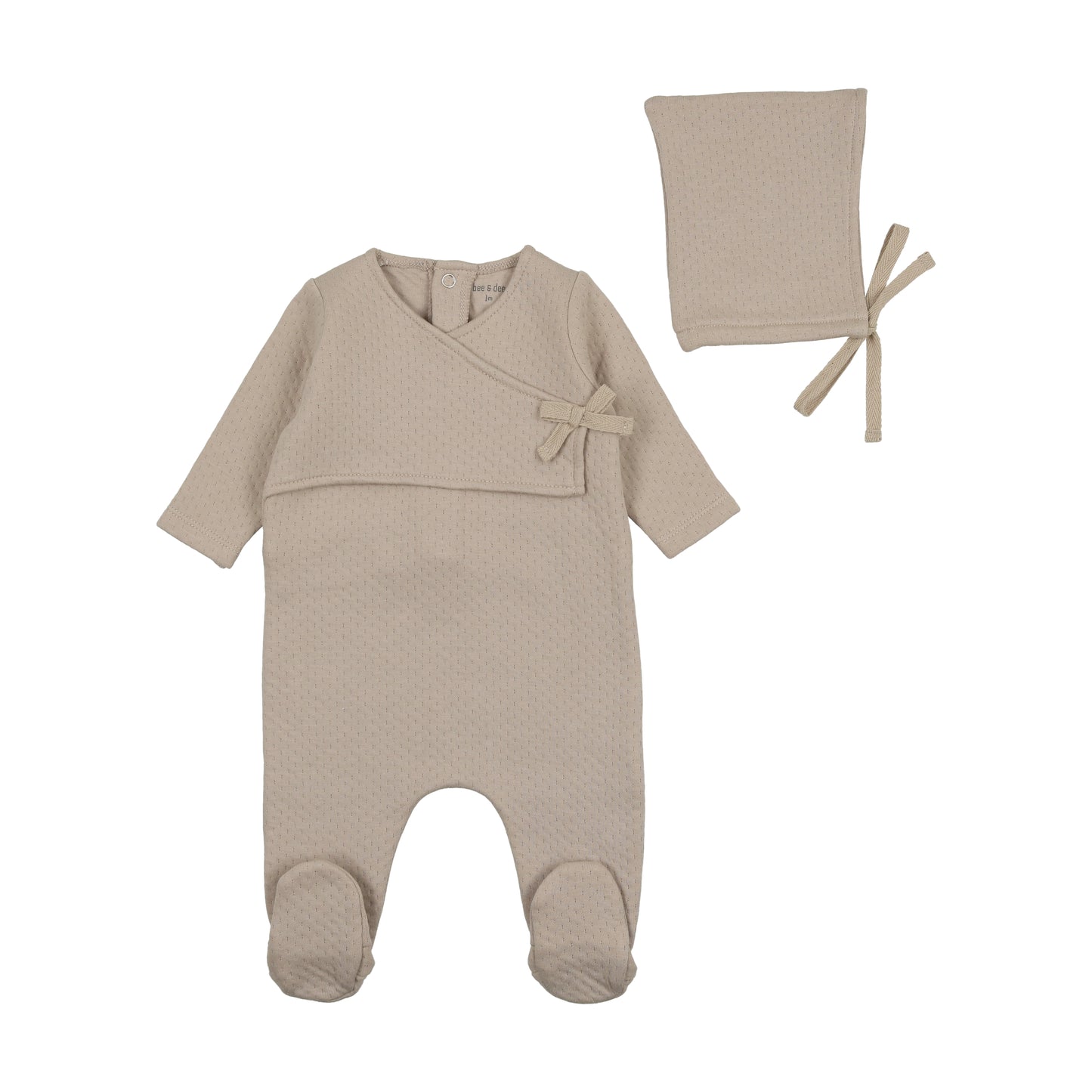 BEE & DEE TAN TEXTURED POINTELLE WRAP FOOTIE + BONNET