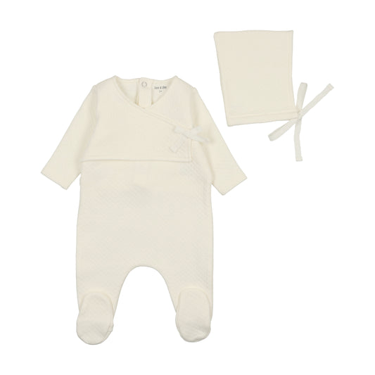 BEE & DEE IVORY TEXTURED POINTELLE WRAP FOOTIE + BONNET