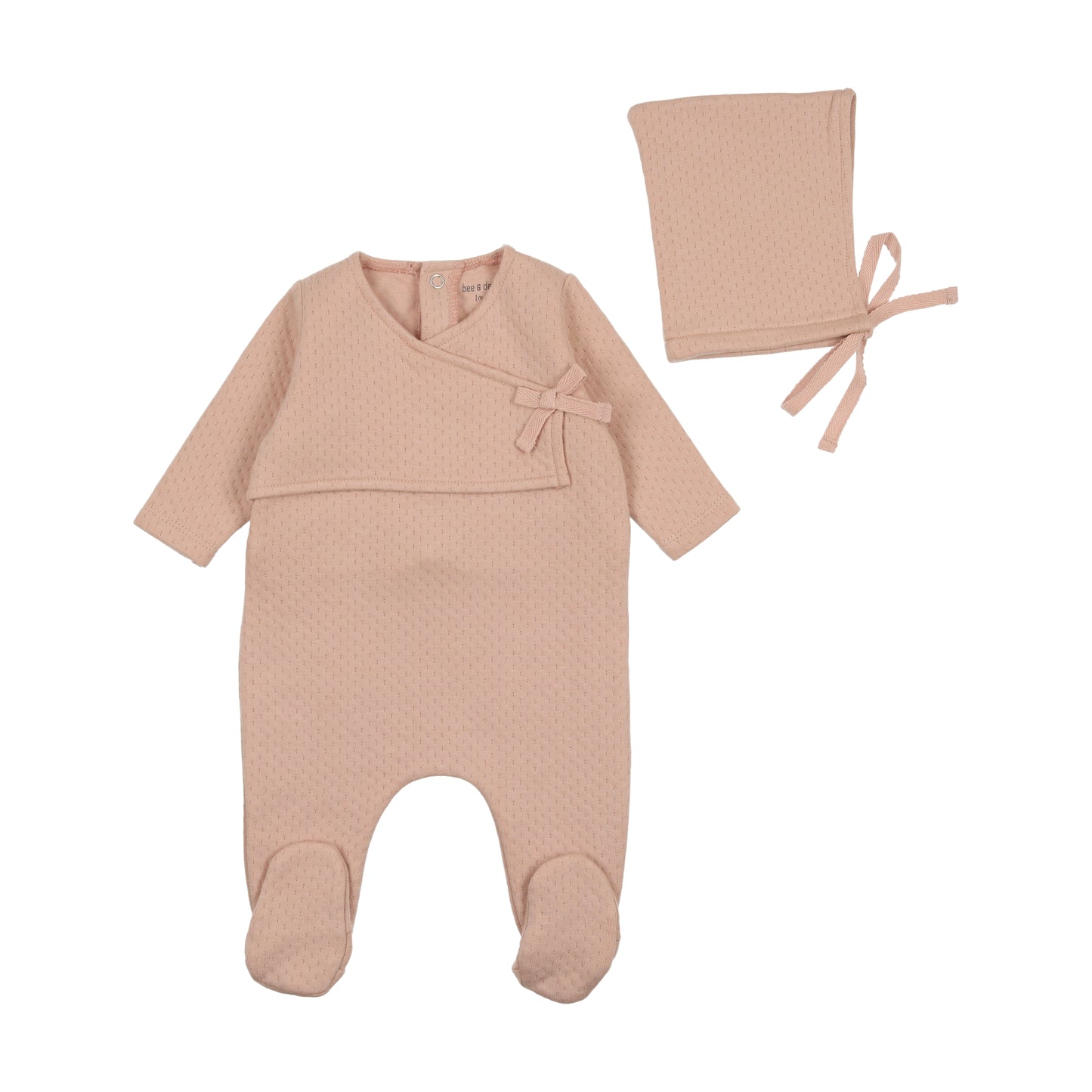 BEE & DEE PINK TEXTURED POINTELLE WRAP FOOTIE + BONNET