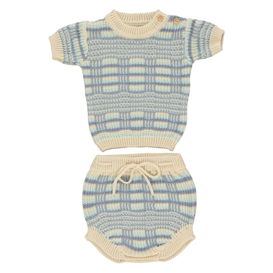 BEBE ORGANIC BLUE/BIEGE CHUNKY KNIT BLOOMER SET