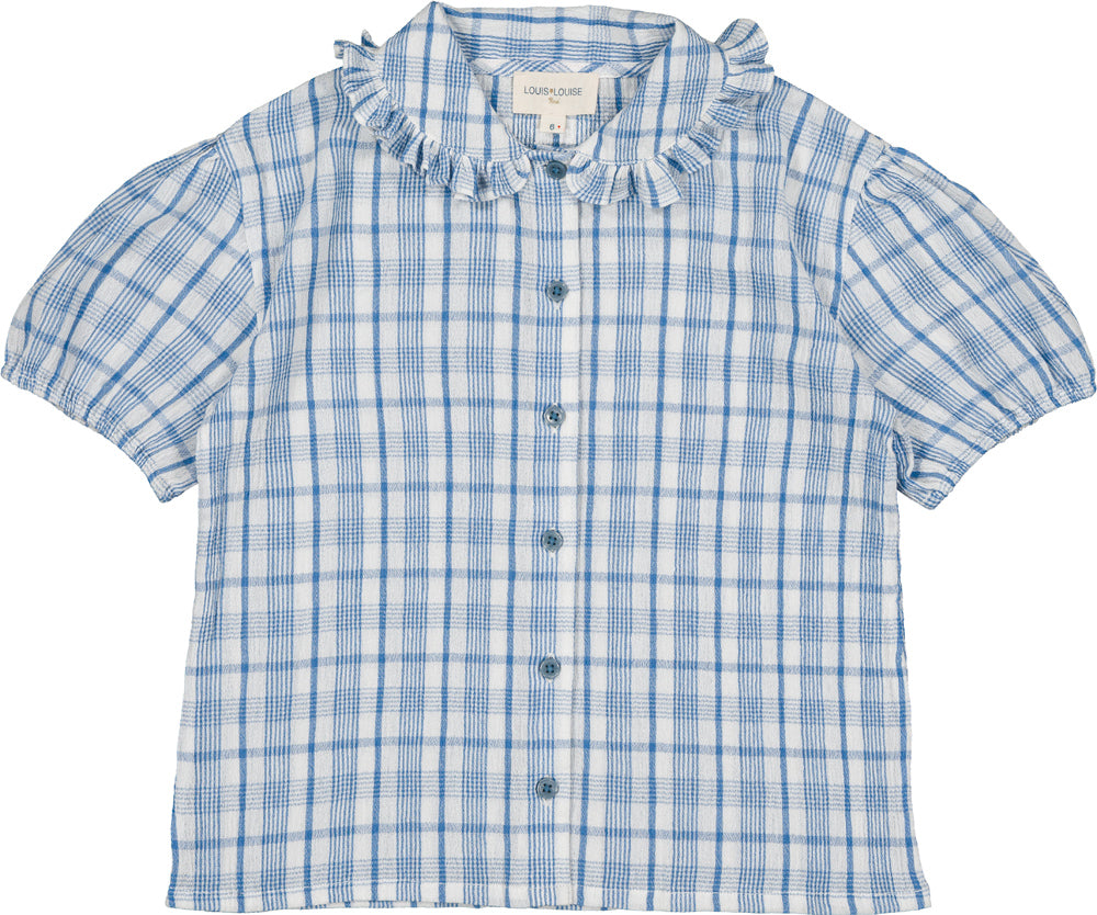 LOUIS LOUISE BLUE CHECKED RUFFLE TRIM BLOUSE