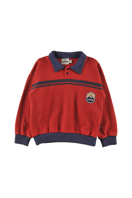 LOUD RED/BLUE TRIM EMBROIDERED POLO SWEATER