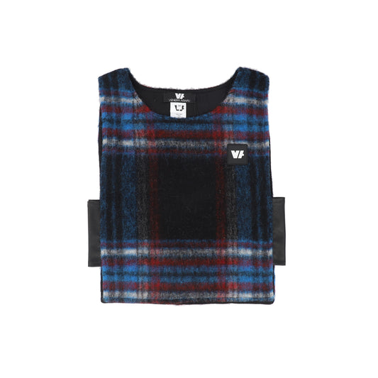 VENERA ARAPU NAVY PLAID LEATHER TRIM WOOL VEST