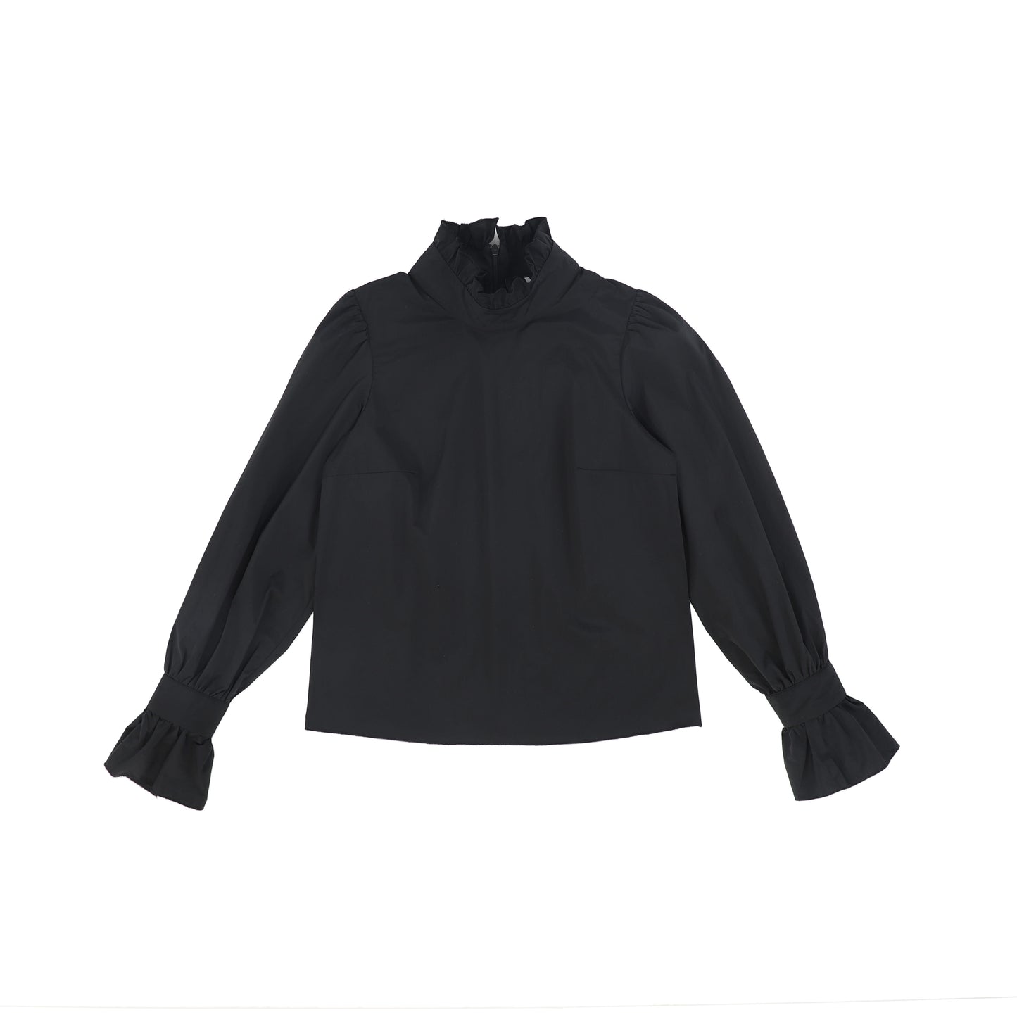 VENERA ARAPU BLACK TAFFETA RUFFLE TRIM MOCK NECK BLOUSE