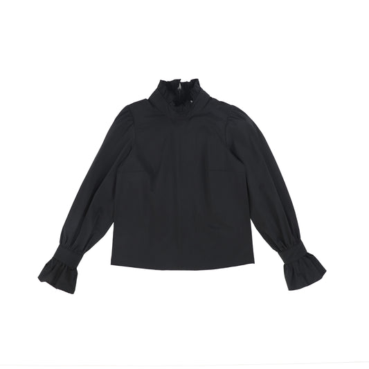 VENERA ARAPU BLACK TAFFETA RUFFLE TRIM MOCK NECK BLOUSE