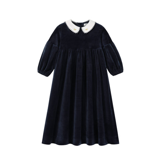 NOUNELLE NAVY VELOUR SCALLOP COLLAR MAXI DRESS