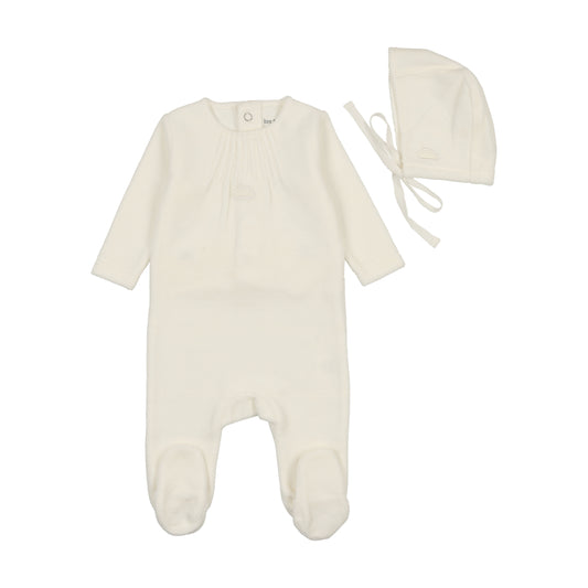 BEE & DEE IVORY VELOUR PLEATED CLOUD FOOTIE + BONNET