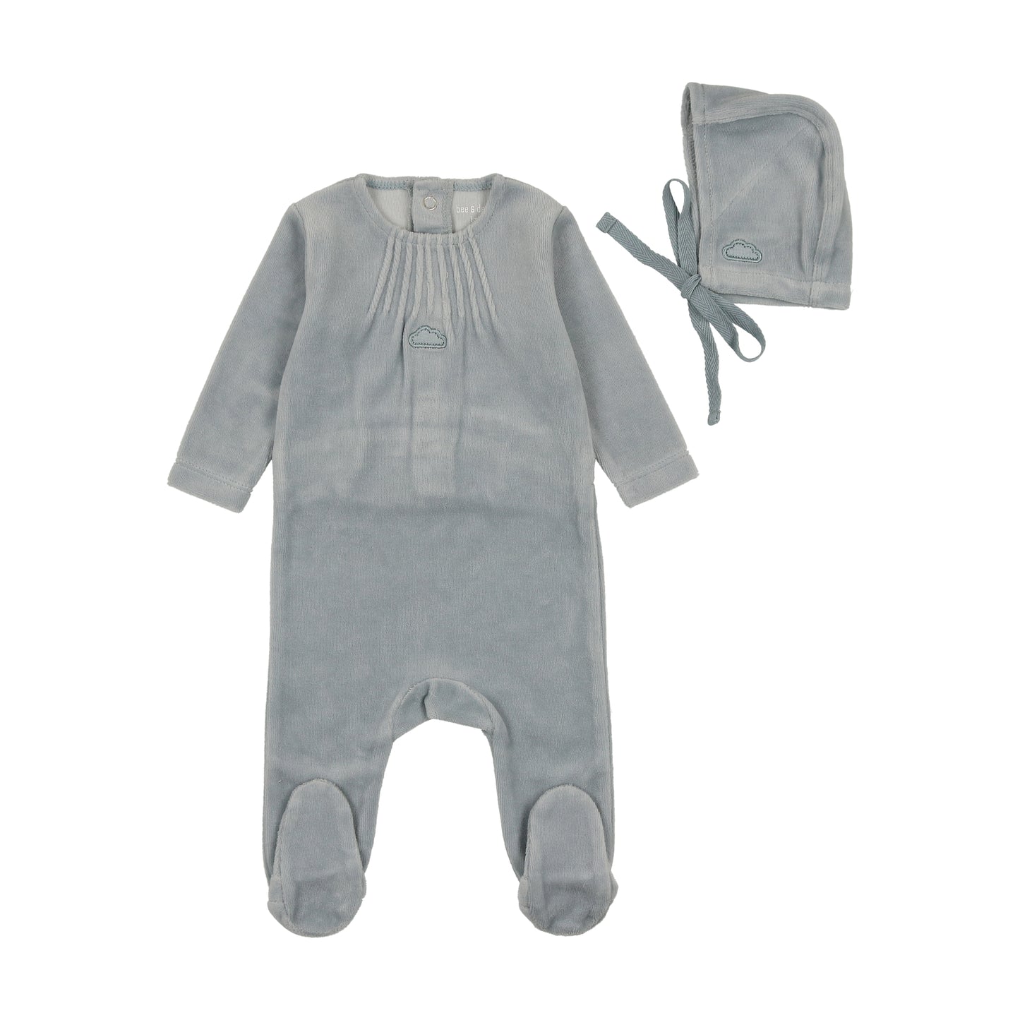 BEE & DEE DUSTY BLUE VELOUR PLEATED CLOUD FOOTIE + BONNET