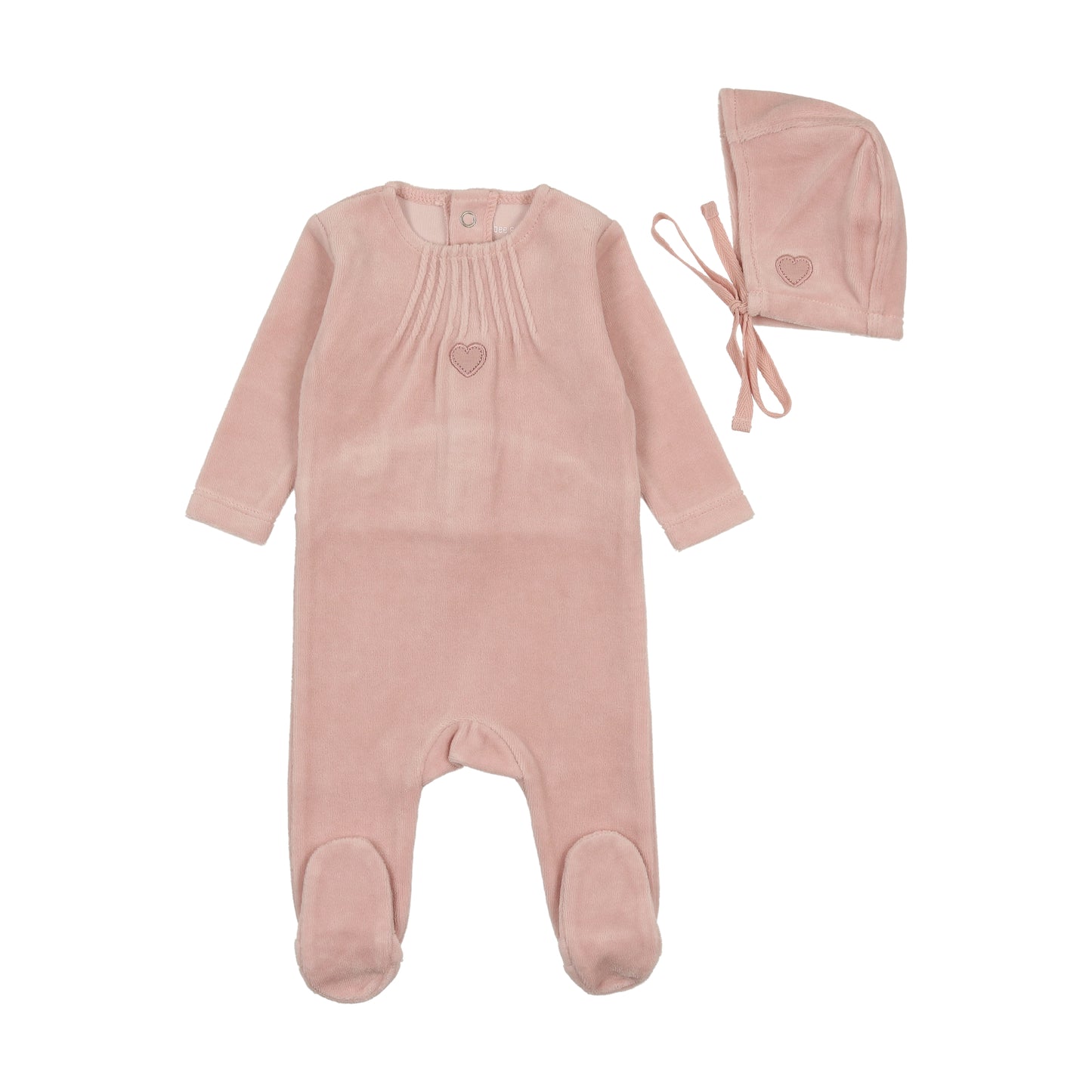 BEE & DEE PINK VELOUR PLEATED HEART FOOTIE + BONNET