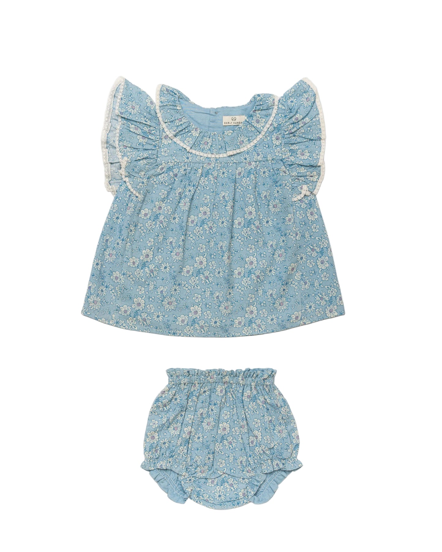 EARLY SUNDAY BLUE FLORAL RUFFLE TRIM BLOOMER SET