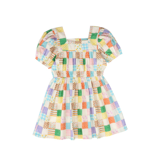 WANDER & WONDER MULTI COLOR QUILTED PUFF SLEEVE DRESS