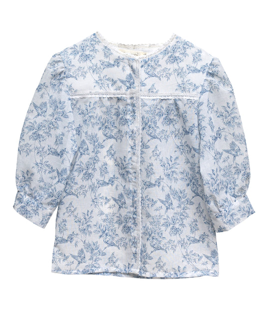 COSMOSOPHIE BLUE FLORAL LACE TRIM TOP